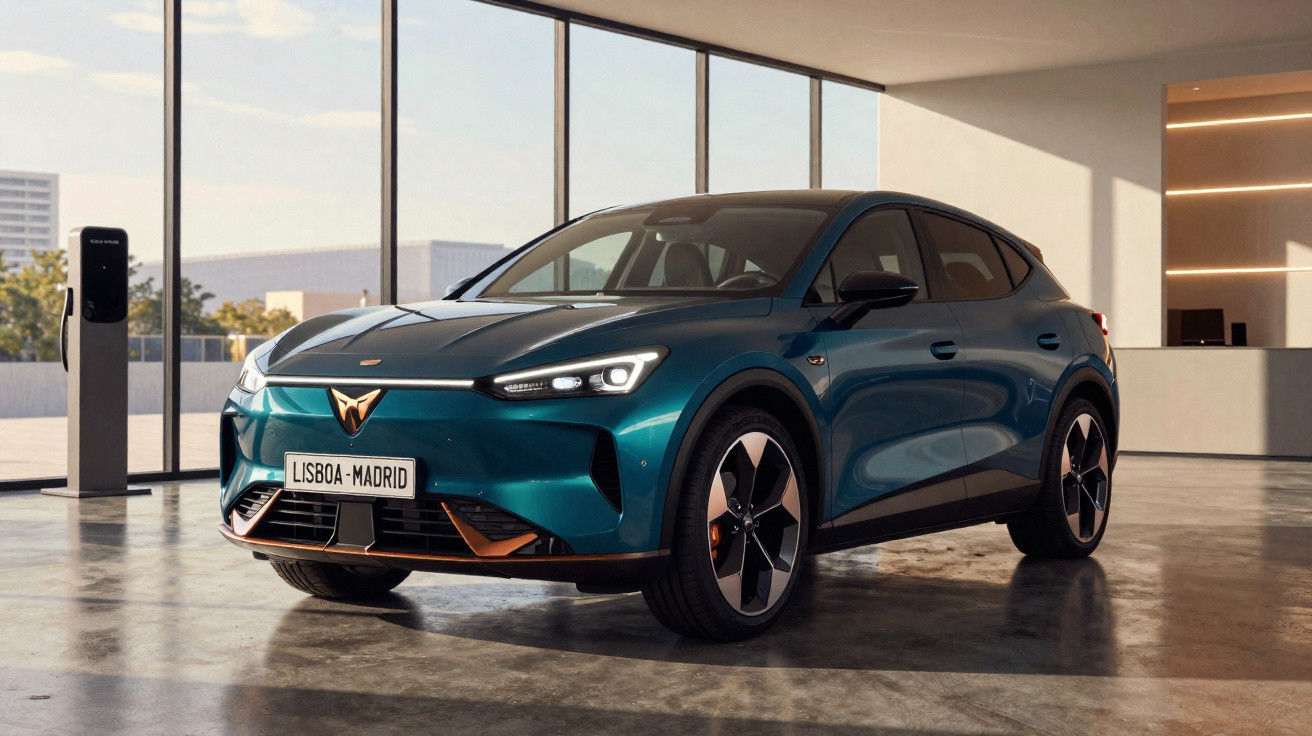 Carro elétrico azul escuro estacionado em ambiente interno moderno com carregador ao lado.