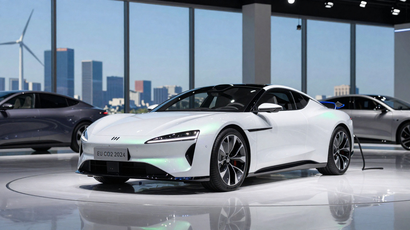 Carro esportivo elétrico branco sendo carregado em exposição com janelas e prédios ao fundo.