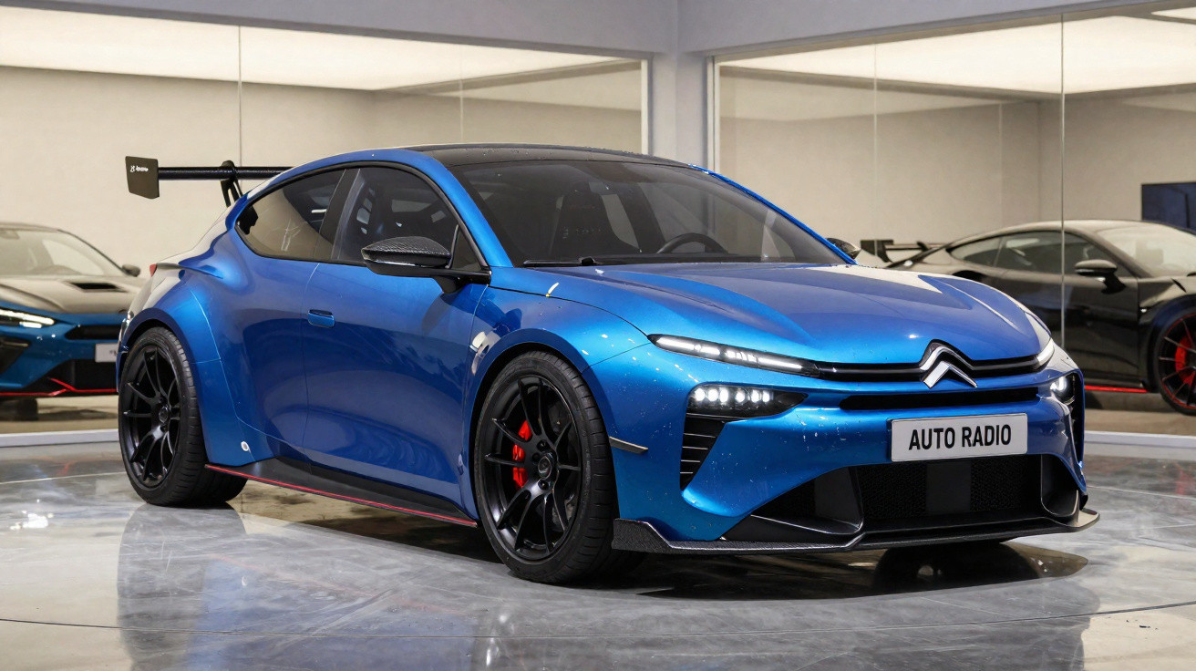 Carro esportivo Citroën azul metálico com aerofólio traseiro grande em salão de veículos.