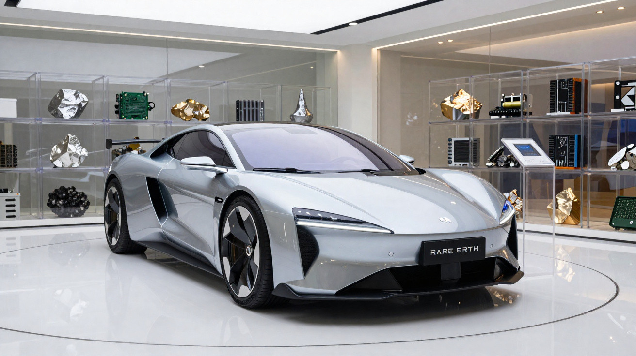Carro esportivo prata estacionado em exposição moderna com objetos tecnológicos ao fundo.