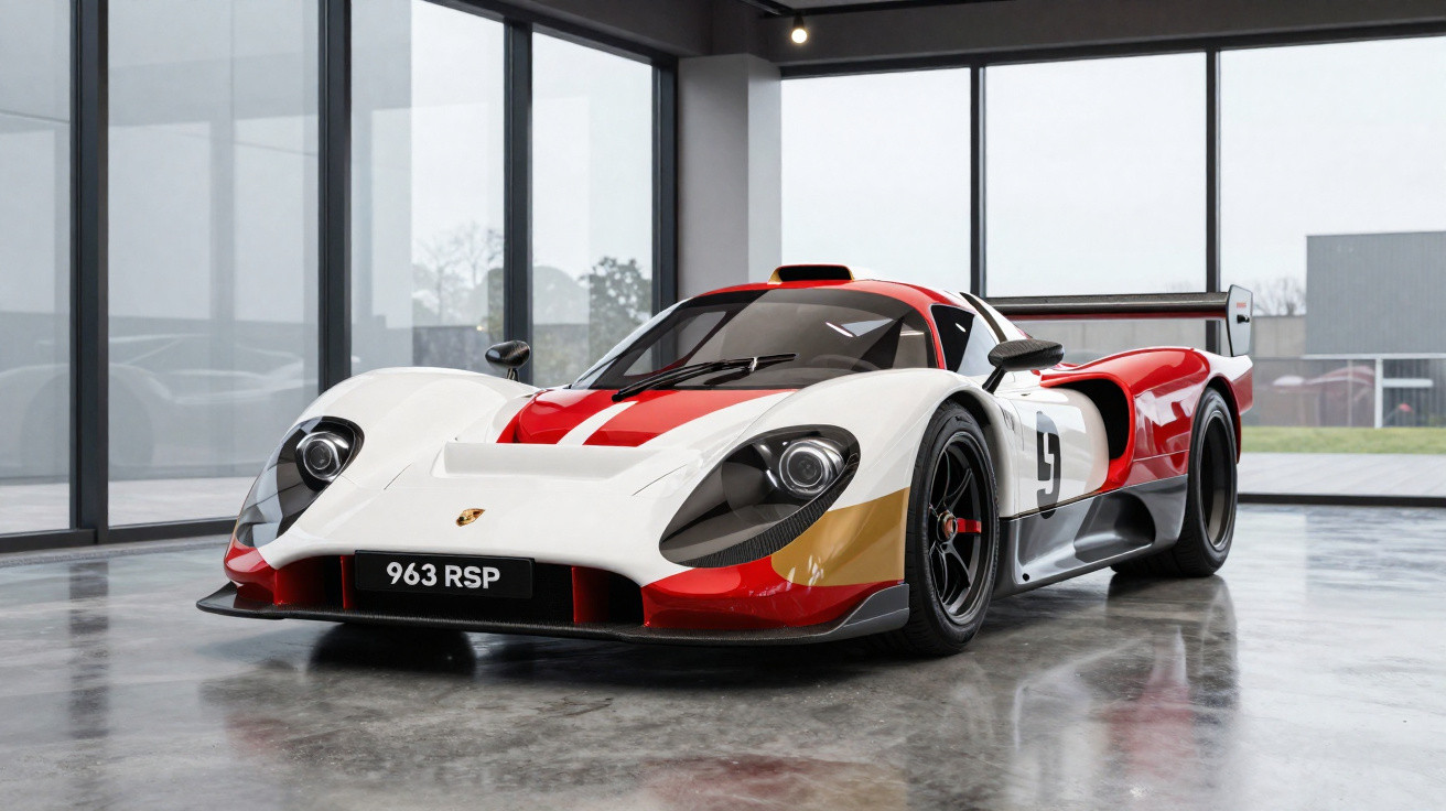 Carro esportivo Porsche 963 RSP branco, vermelho e dourado em ambiente interno com janelas de vidro.