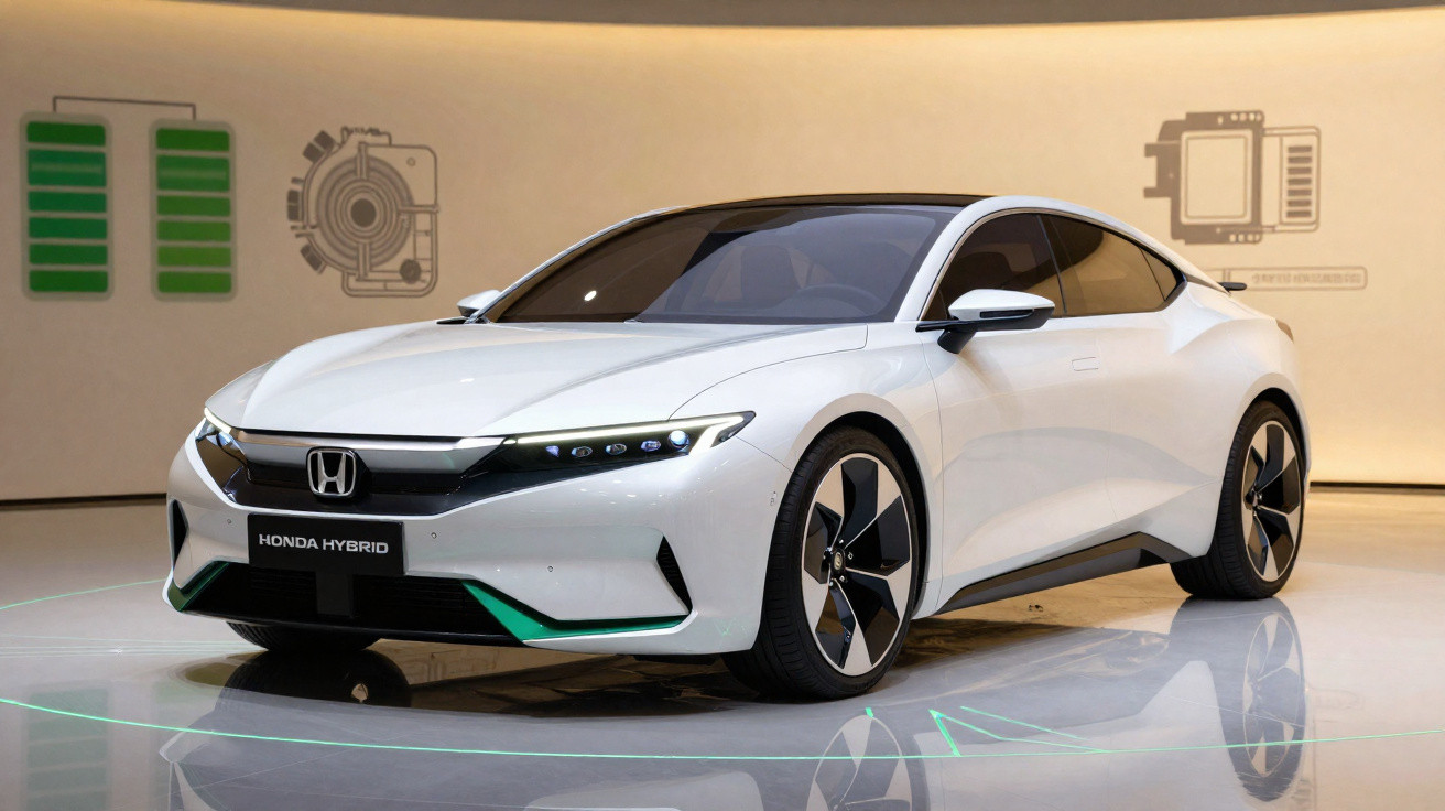 Carro branco elétrico Honda Hybrid em exposição moderna com luzes LED frontais e rodas aerodinâmicas.