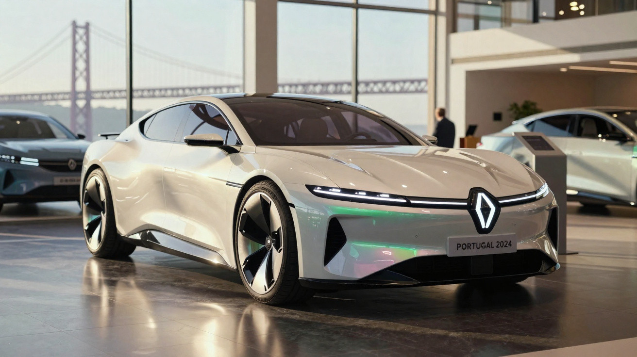 Carro elétrico branco Renault Portugal 2024 exposto em showroom moderno com ponte ao fundo.