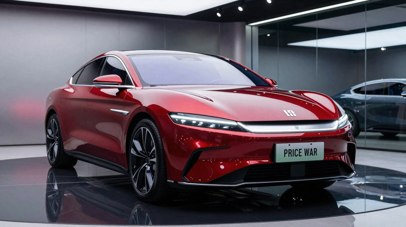 Carro elétrico vermelho brilhante estacionado em ambiente interno com piso refletivo e parede espelhada.