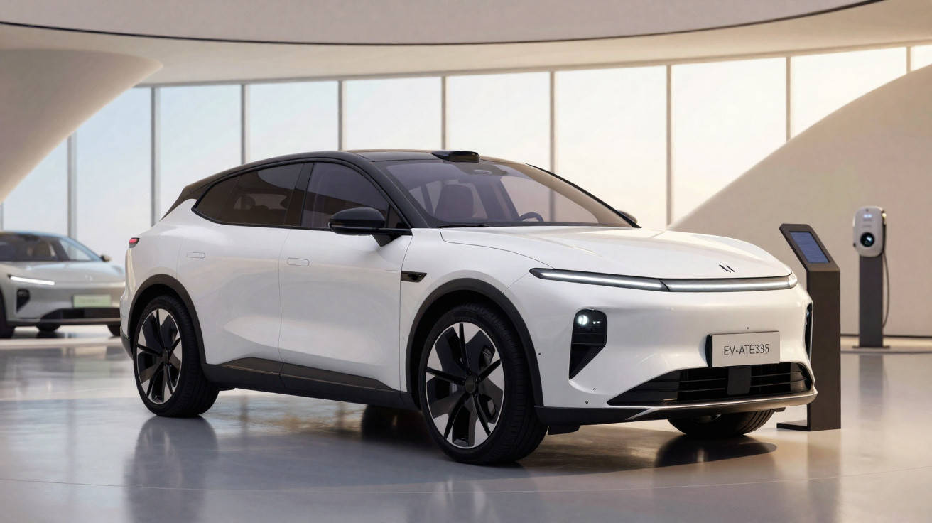 Carro elétrico branco moderno estacionado em espaço interno minimalista com design curvo e iluminação natural.