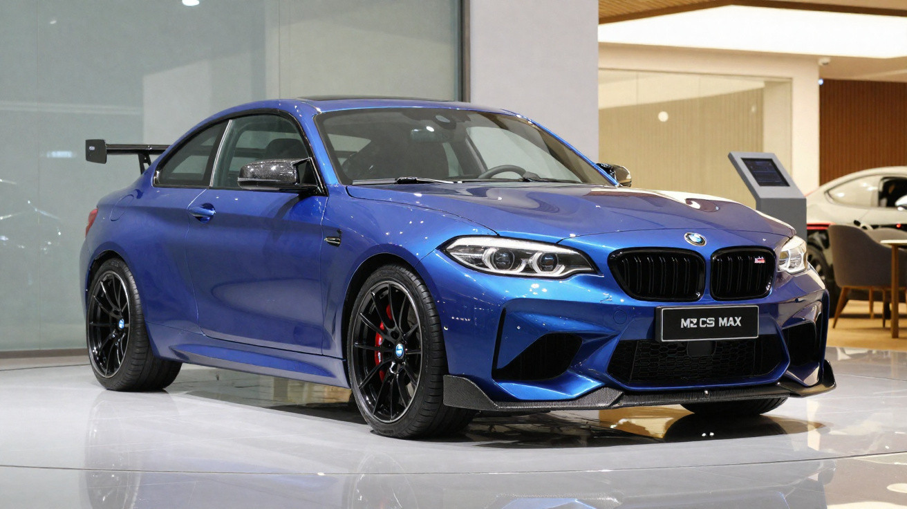 Carro esportivo BMW M2 CS Max azul, com aletas aerodinâmicas, rodas pretas e spoiler traseiro grande.