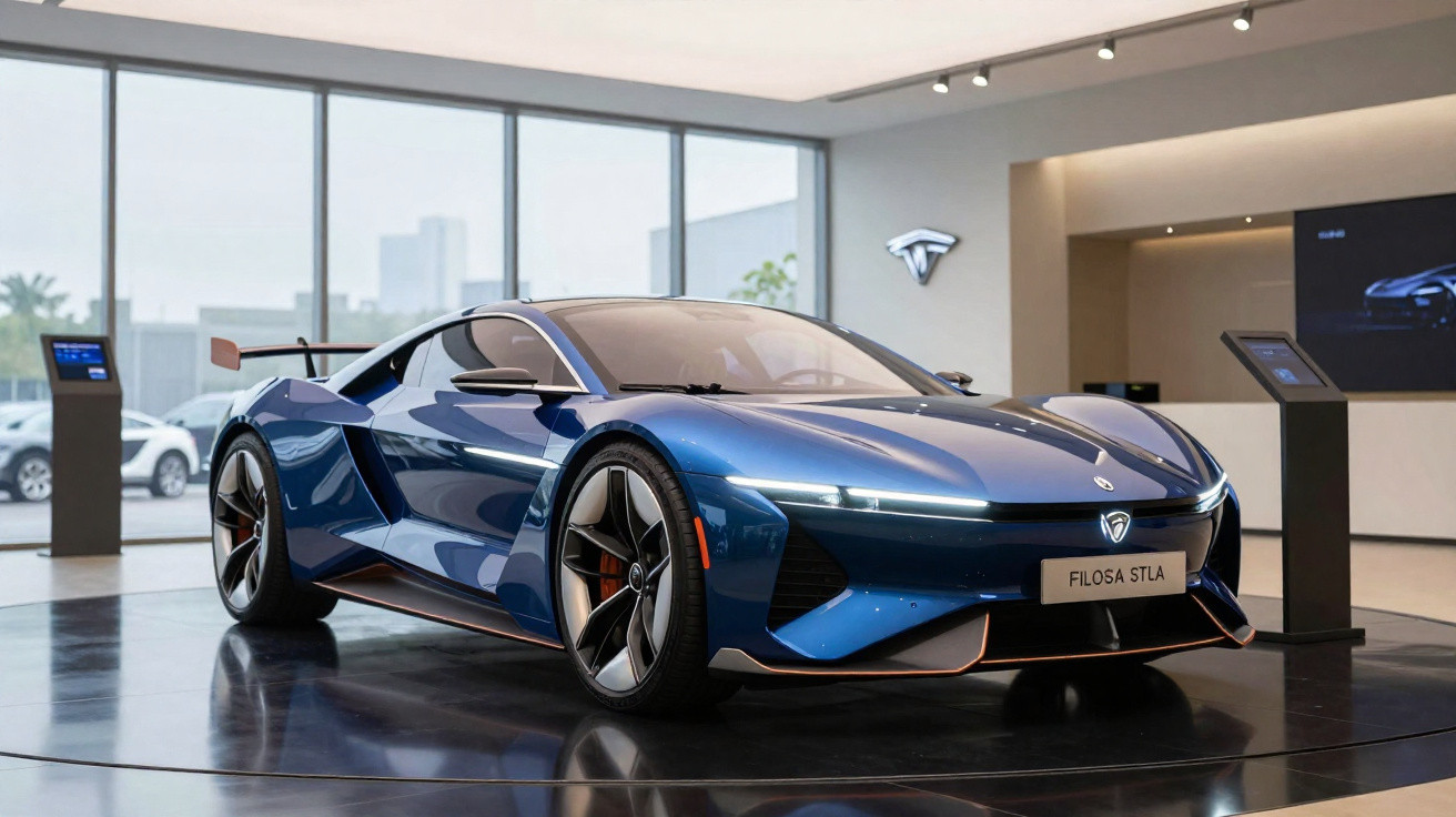 Carro esportivo azul metálico Filosa STLA exibido em showroom moderno com grandes janelas.