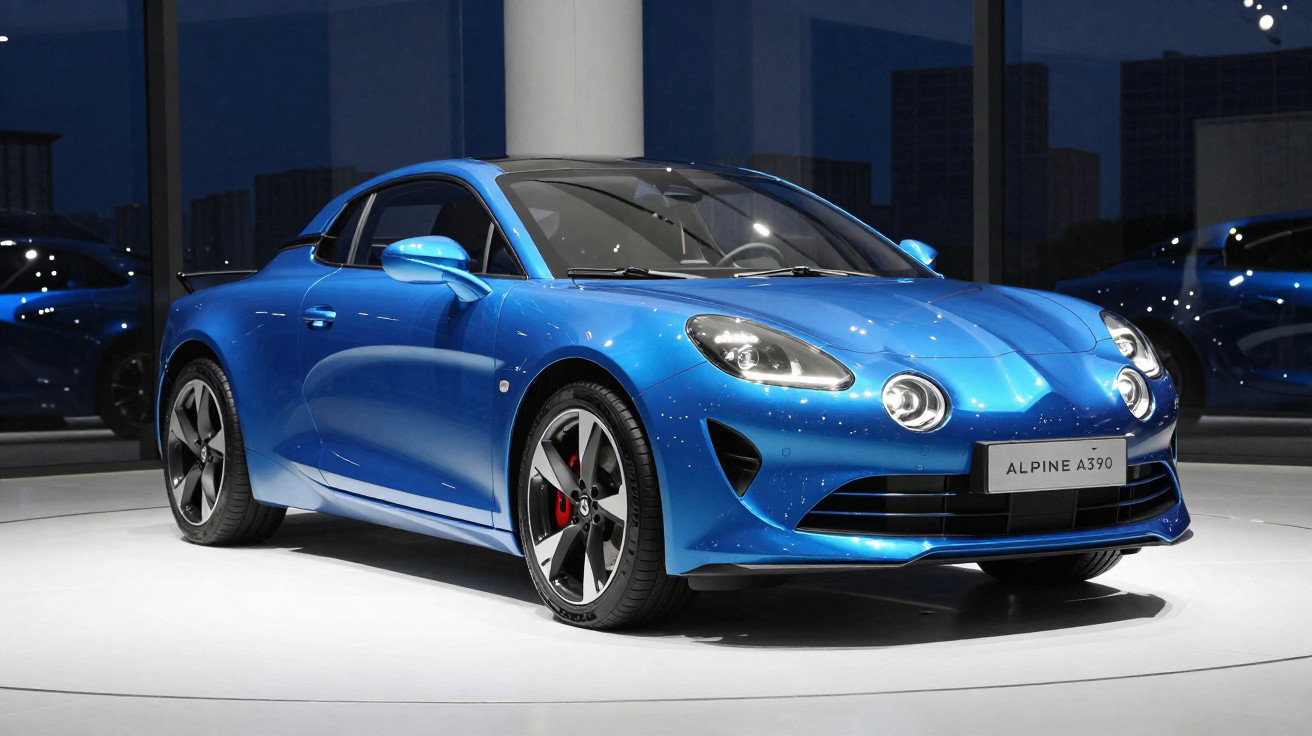 Carro esportivo Alpine A390 azul metálico exibido em exposição iluminada.