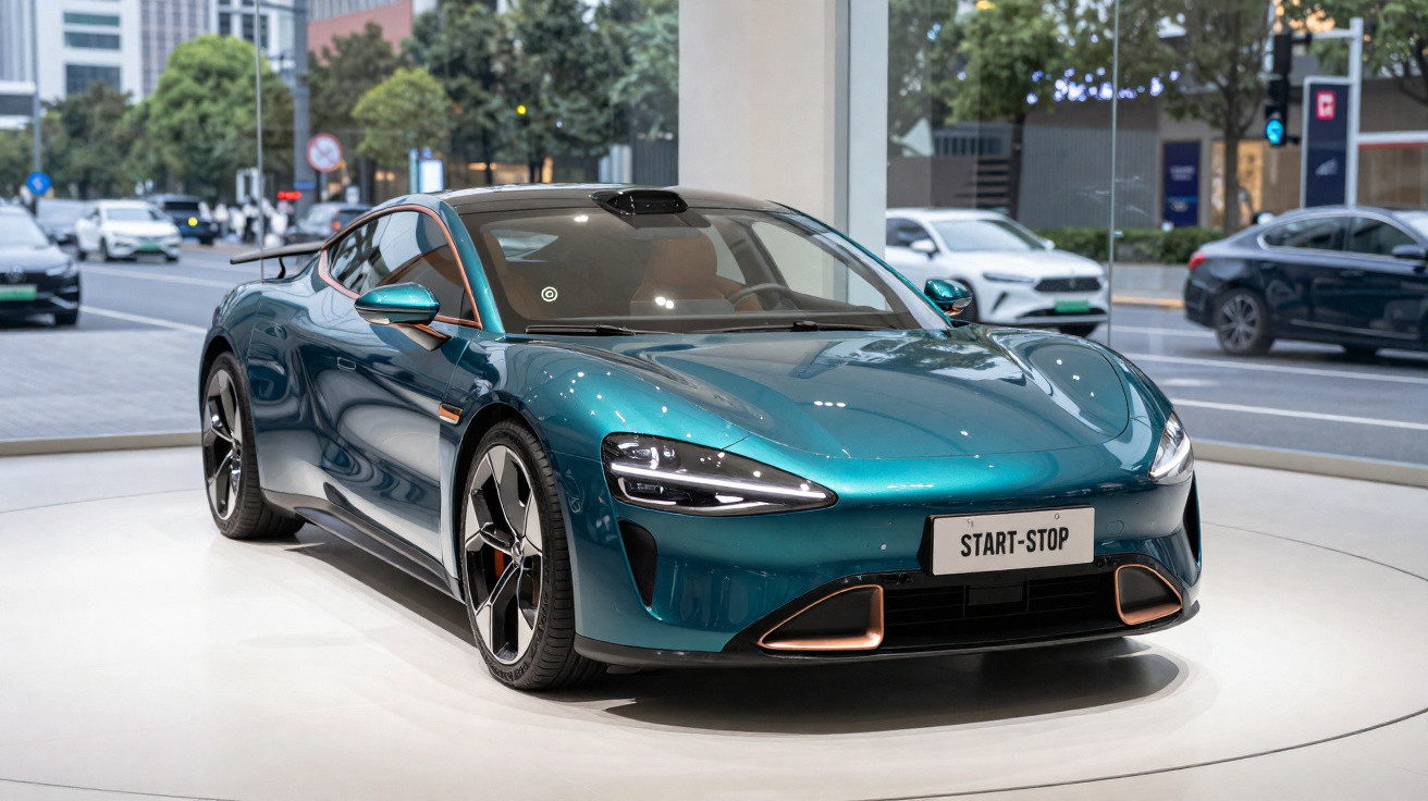 Carro esportivo azul metálico exibido em estande com placa escrita START-STOP.