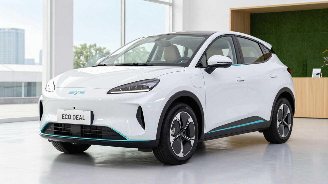 Carro elétrico branco estacionado em ambiente interno, com detalhes em azul e placa Eco Deal.
