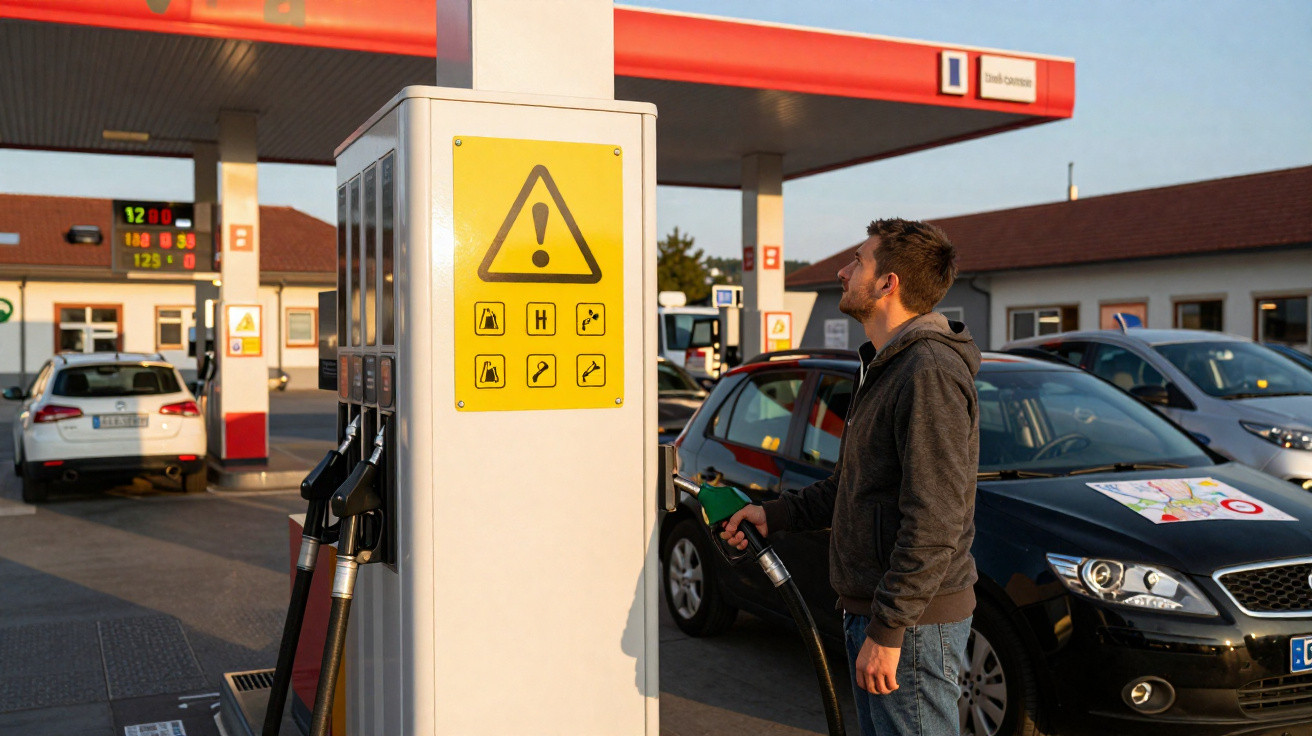 Homem abastecendo carro preto em posto de gasolina em dia ensolarado.