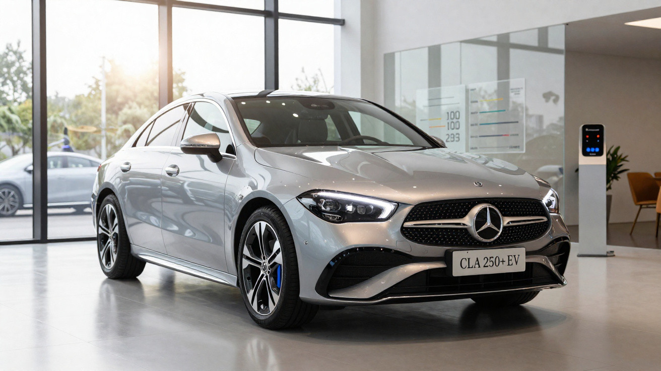 Carro prata Mercedes-Benz CLA 250+ EV em showroom moderno com grandes janelas e carregador elétrico.