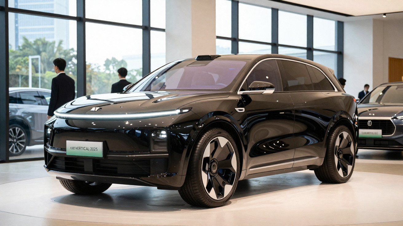 Carro elétrico SUV preto exposto em showroom moderno com pessoas ao fundo.