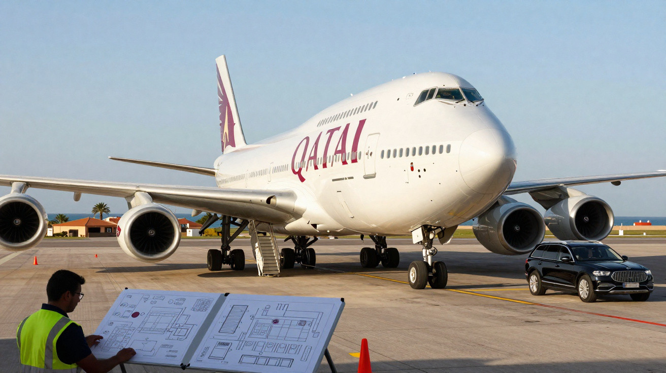 Avião da Qatar Airways estacionado no aeroporto com funcionário conferindo documentos ao lado.
