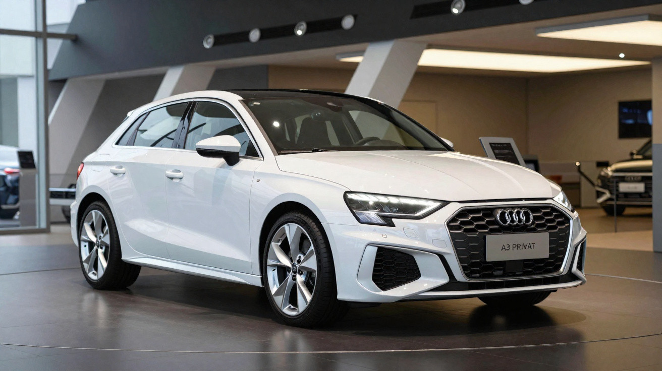 Carro branco Audi A3 Hatch exposto em showroom moderno com iluminação interna.