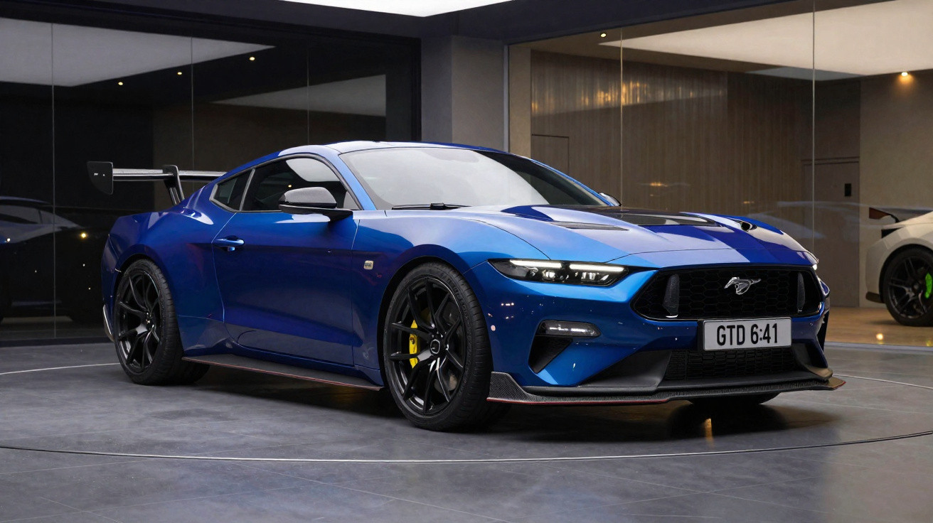 Carro esportivo azul com detalhes pretos e freios amarelos, em showroom moderno com paredes espelhadas.