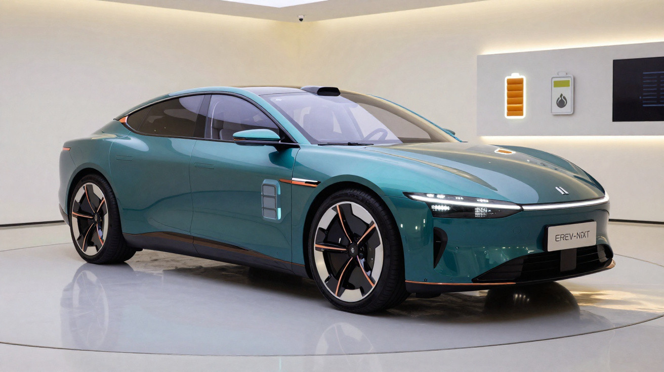 Carro elétrico esportivo verde exposto em ambiente moderno com iluminação suave e painel de carregamento ao fundo.