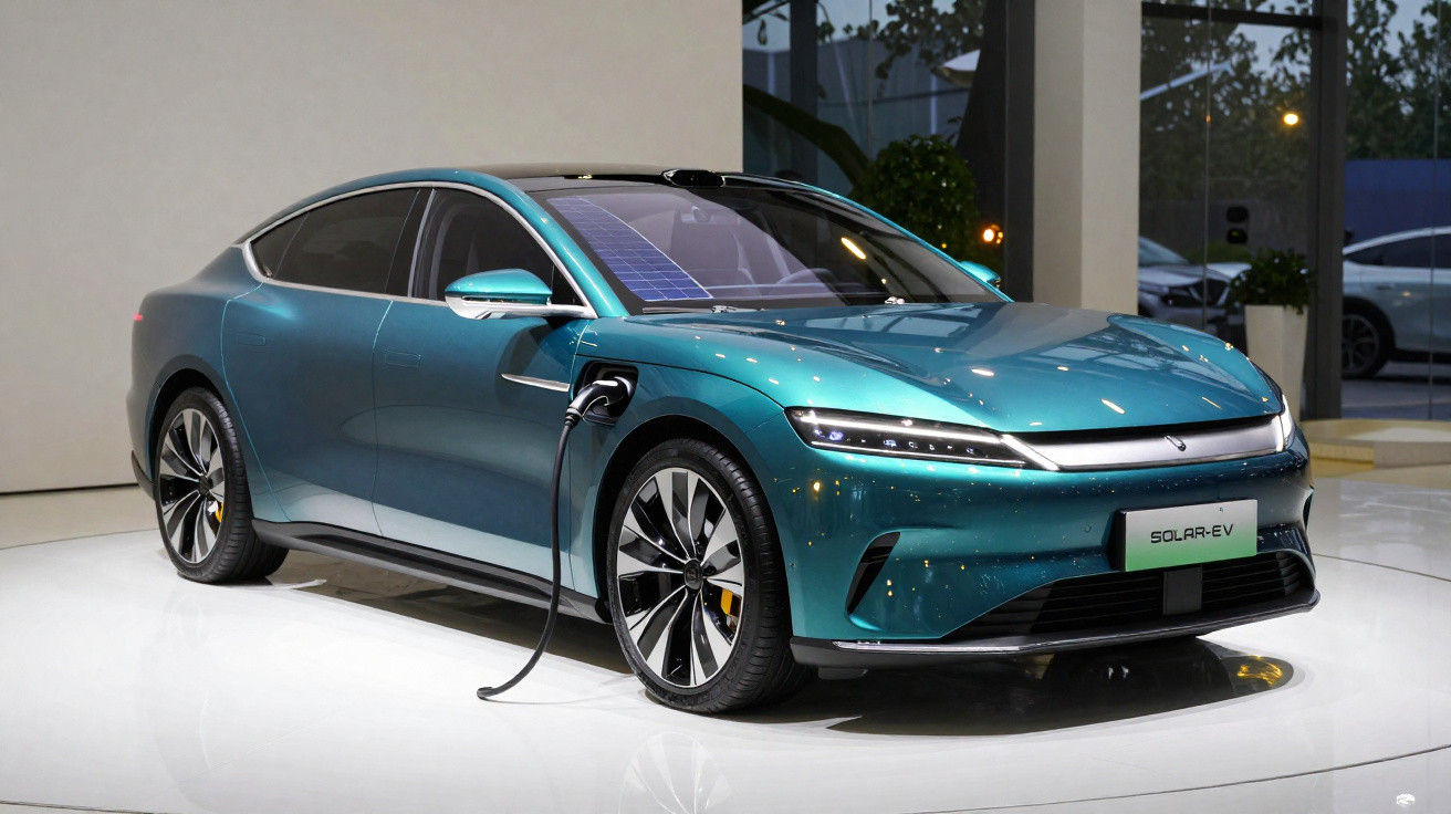 Carro elétrico azul sendo carregado em ambiente interno moderno com design aerodinâmico e vidros escurecidos.