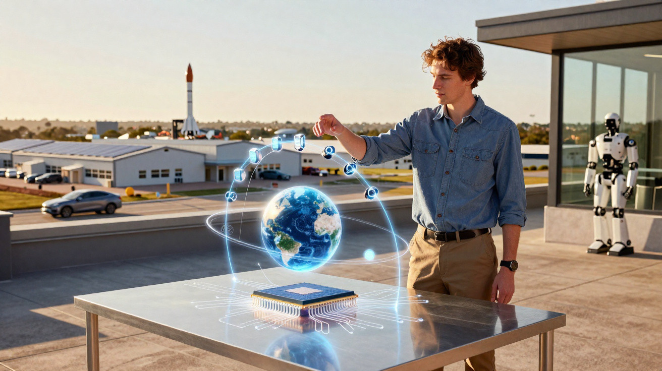 Jovem interage com projeção holográfica da Terra e chip sobre mesa, com robô ao fundo em ambiente externo.