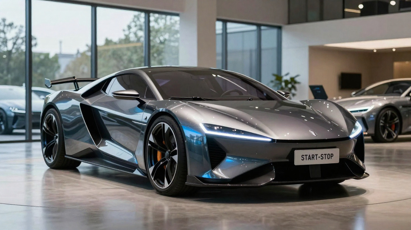 Carro esportivo cinza metálico com design aerodinâmico em exposição dentro de showroom moderno.