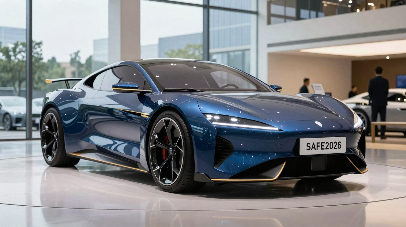 Carro esportivo azul metálico exibido em um showroom moderno com grandes janelas e acabamento sofisticado.