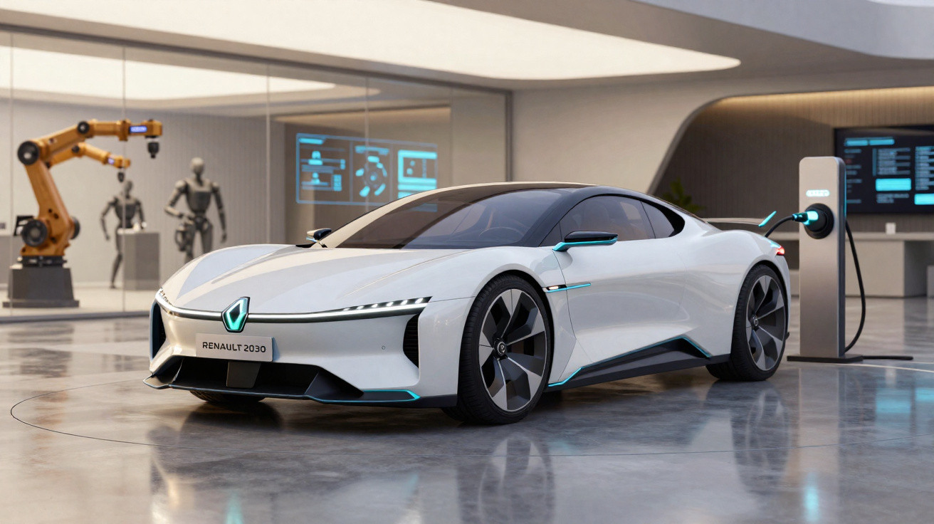 Carro elétrico esportivo branco da Renault sendo carregado em ambiente tecnológico futurista.