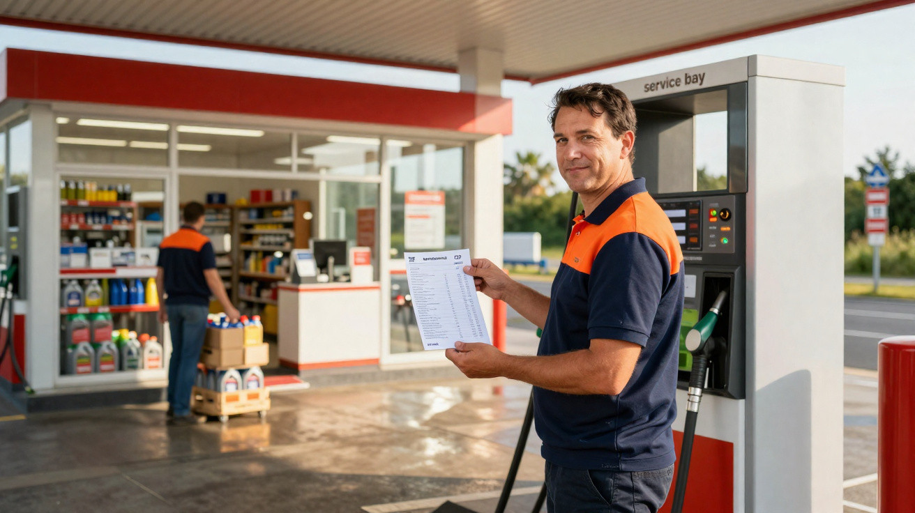Homem em posto de combustível segurando documento ao lado da bomba de gasolina.