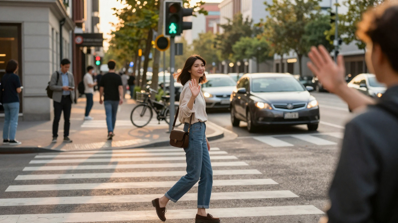 Mulher sorridente acena enquanto atravessa faixa de pedestres em avenida movimentada ao entardecer.
