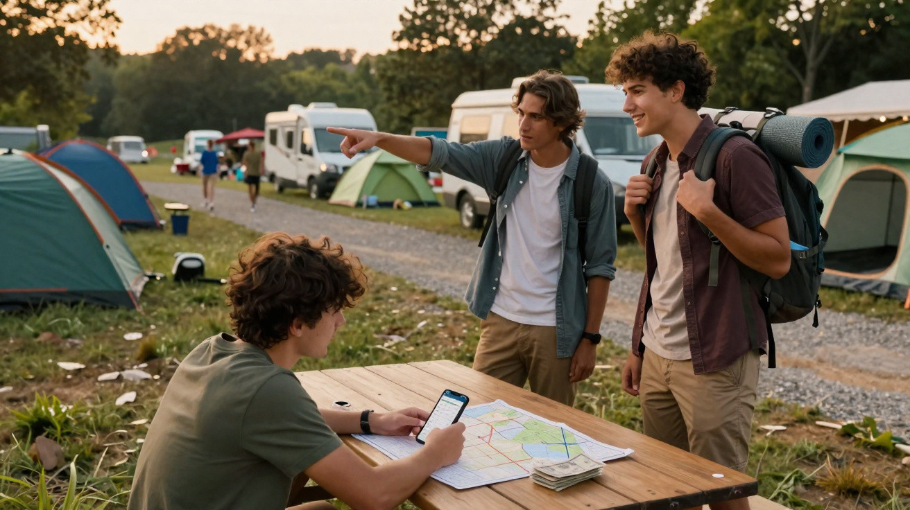 Jovens em camping consultando mapa em mesa de madeira rodeada por barracas e trailers ao entardecer.