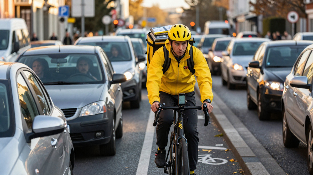 Ciclista de capacete amarelo e jaqueta amarela pedalando em ciclovia entre carros no trânsito urbano.