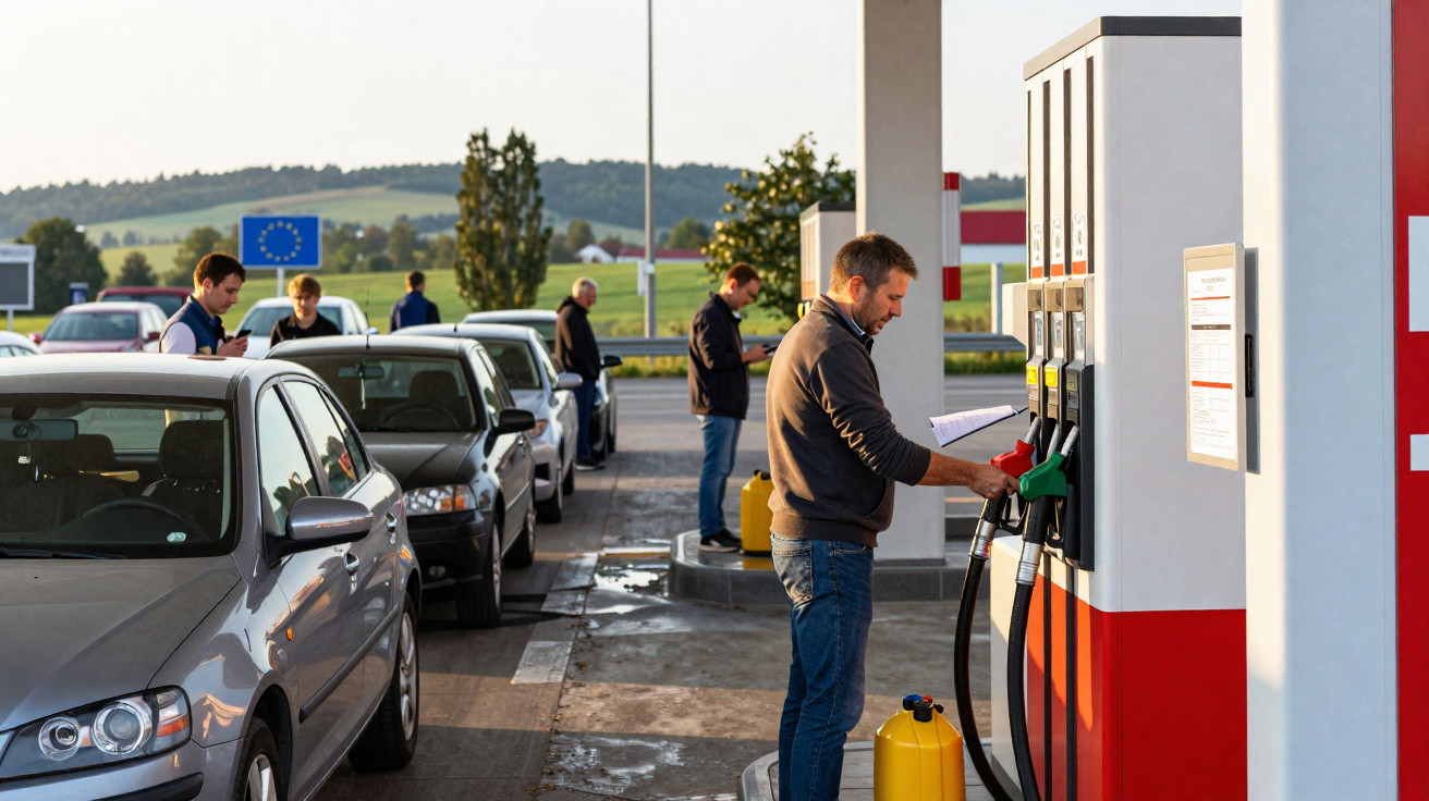 Homens abastecendo carros e galões de combustível em posto de gasolina com fila de veículos.