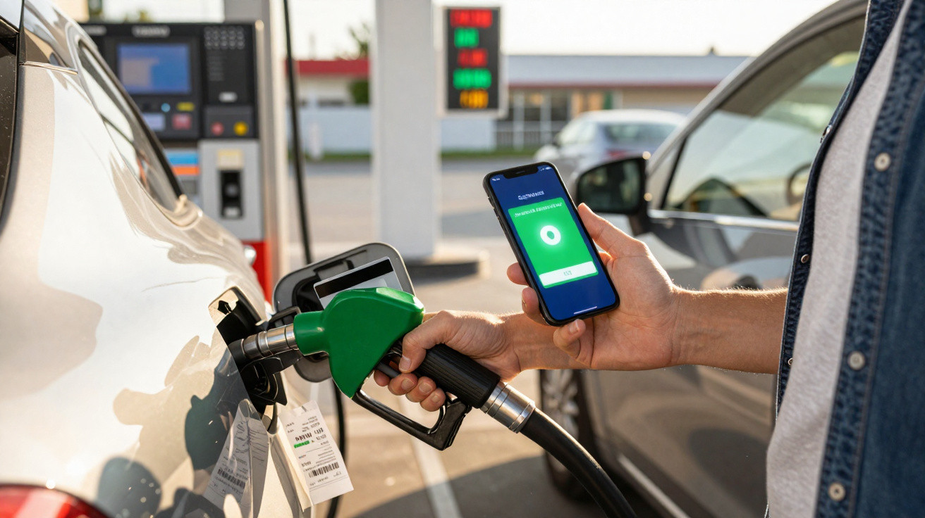 Pessoa abastecendo carro com bomba verde, segurando celular com aplicativo aberto na mão direita.