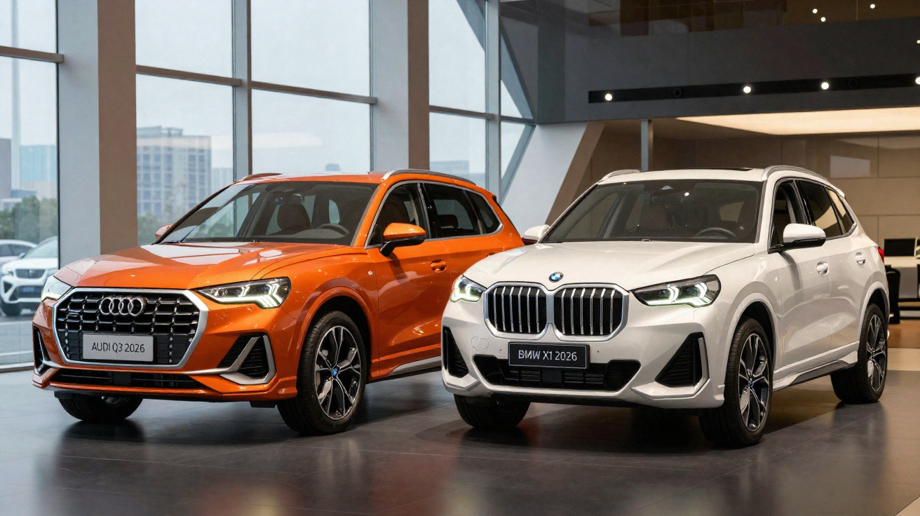 Audi Q3 laranja e BMW X1 branca 2026 exibidos em showroom moderno, lado a lado.