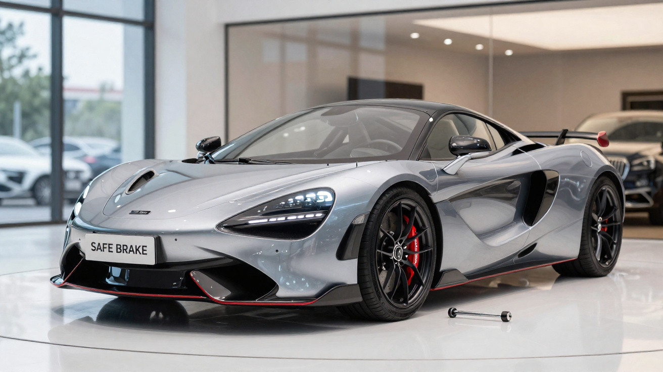 Carro esportivo prata estacionado em showroom com destaque para detalhes em preto e vermelho.
