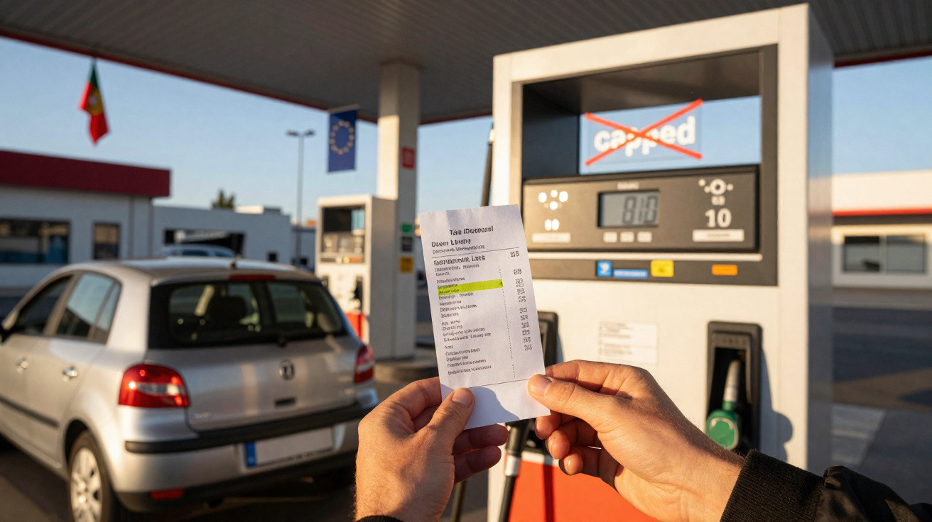 Pessoa segurando comprovante de compra em posto de combustível com carro estacionado ao fundo.
