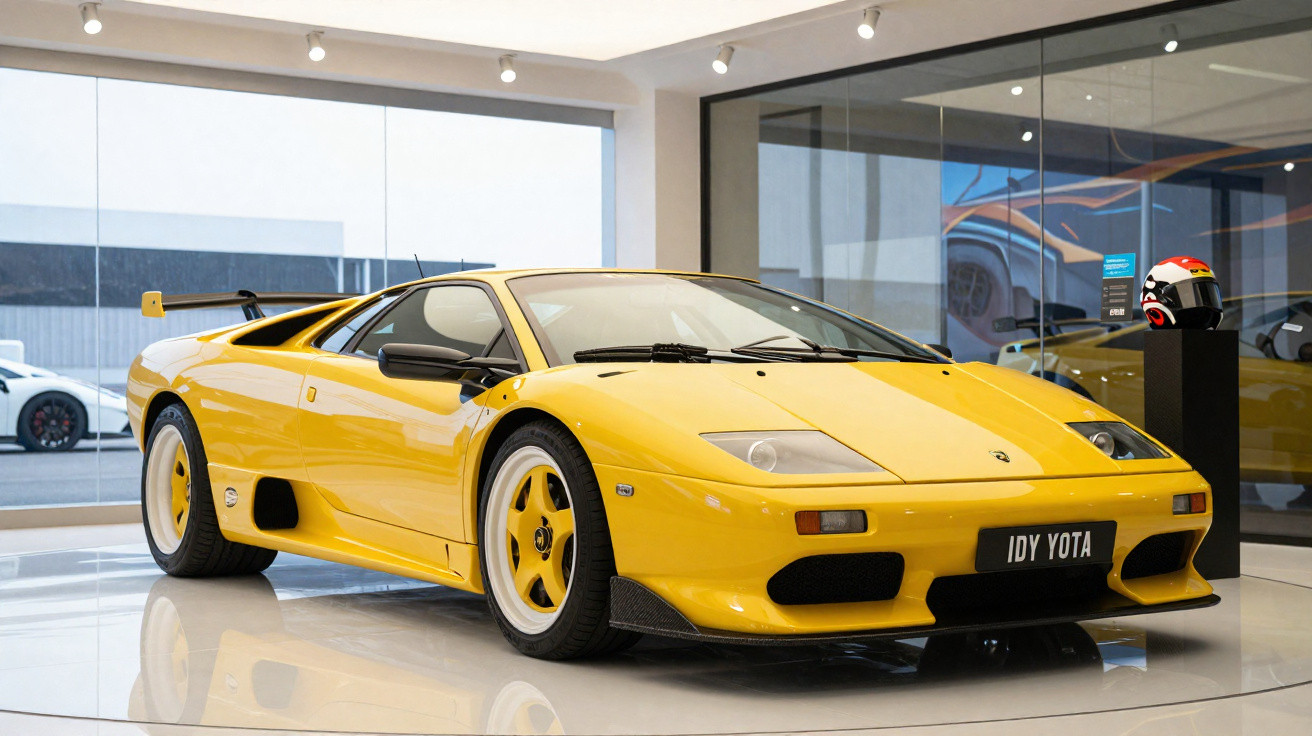 Carro esportivo amarelo Lamborghini Diablo exibido em ambiente interno moderno e iluminado.