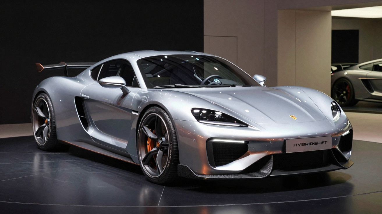 Carro esportivo Porsche prata brilhante modelo híbrido exposto em ambiente interno com iluminação refletida.