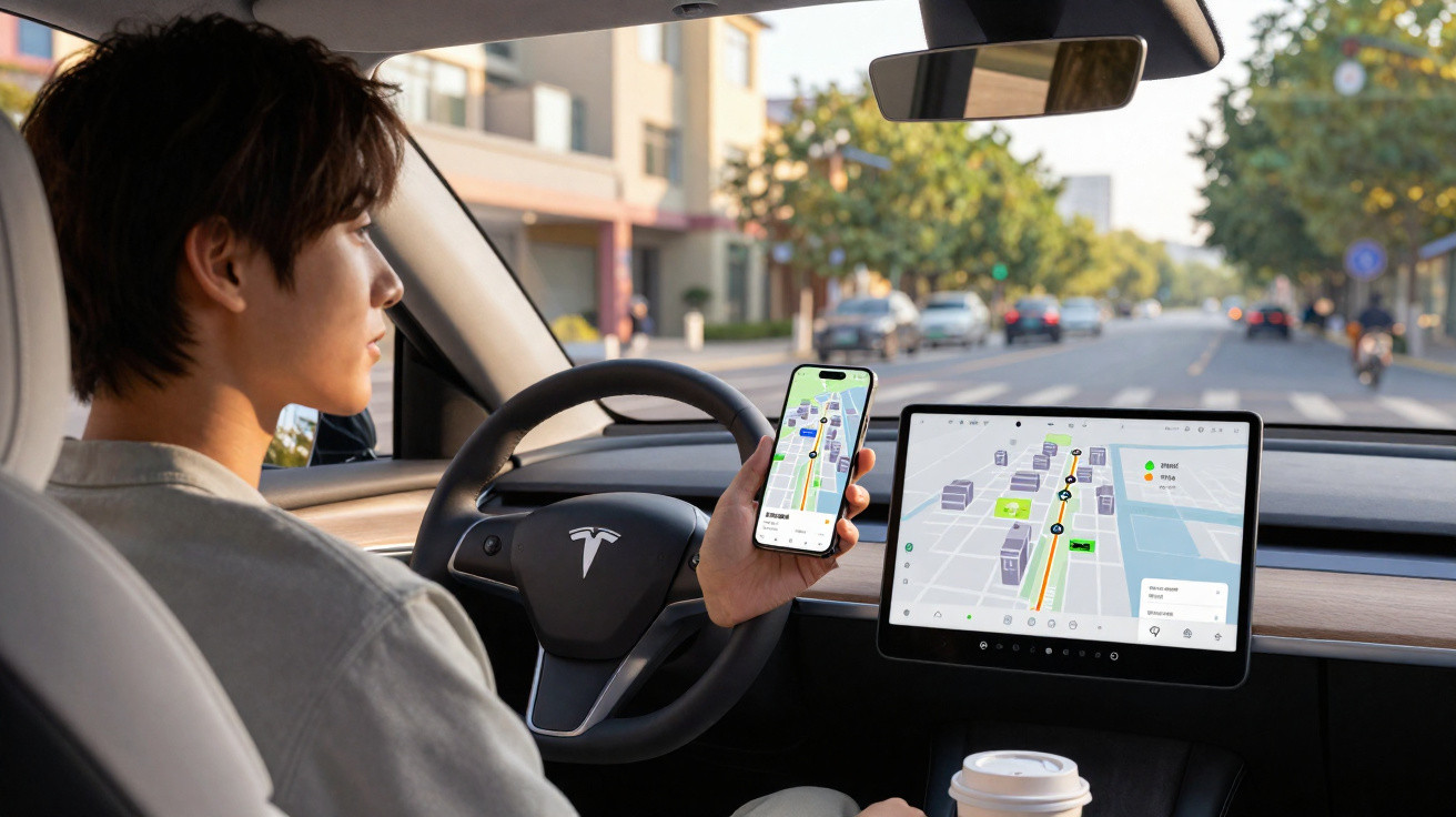 Pessoa dirigindo carro Tesla com GPS aberto no celular e na tela do painel central.