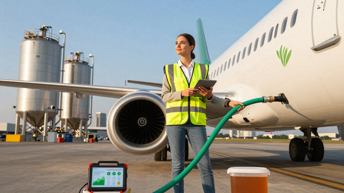 Mulher com colete refletivo abastecendo avião com combustível sustentável em aeroporto durante o dia.