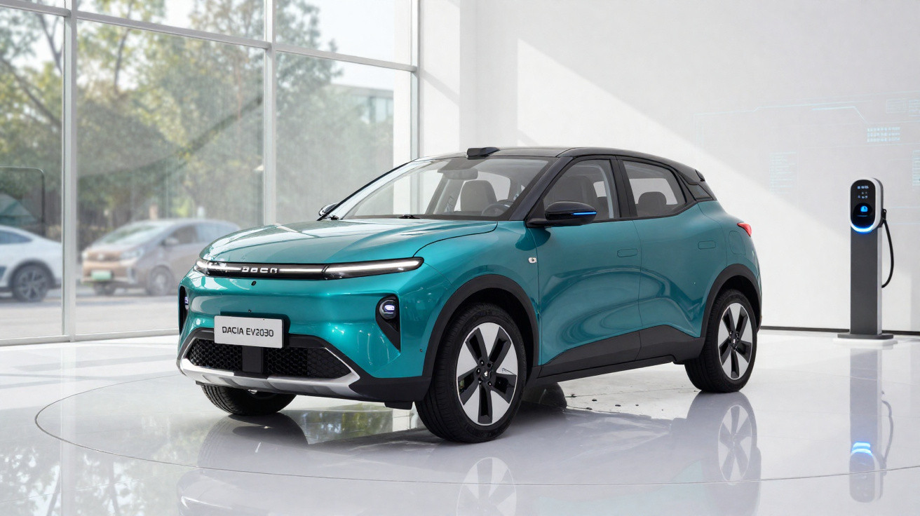 Carro elétrico azul estacionado em showroom branco com estação de recarga ao lado.