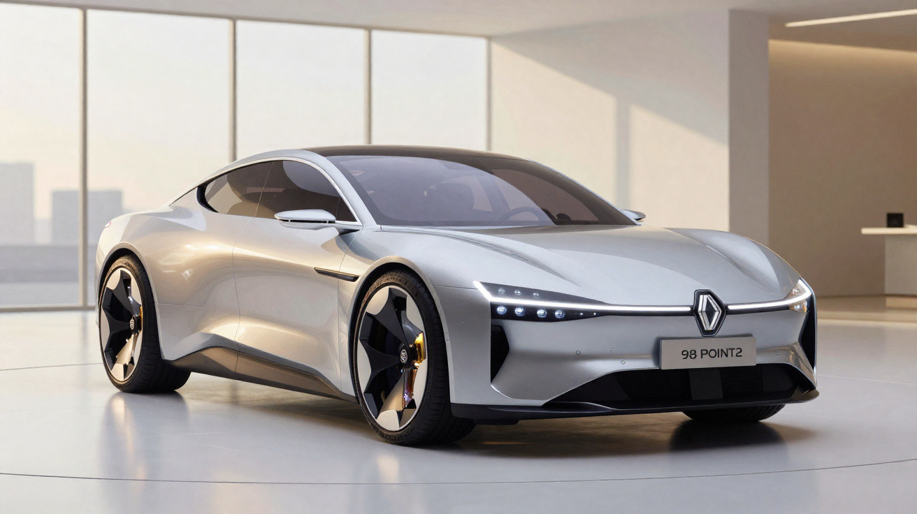 Carro esportivo elétrico prata da Renault estacionado em ambiente interno moderno e iluminado.