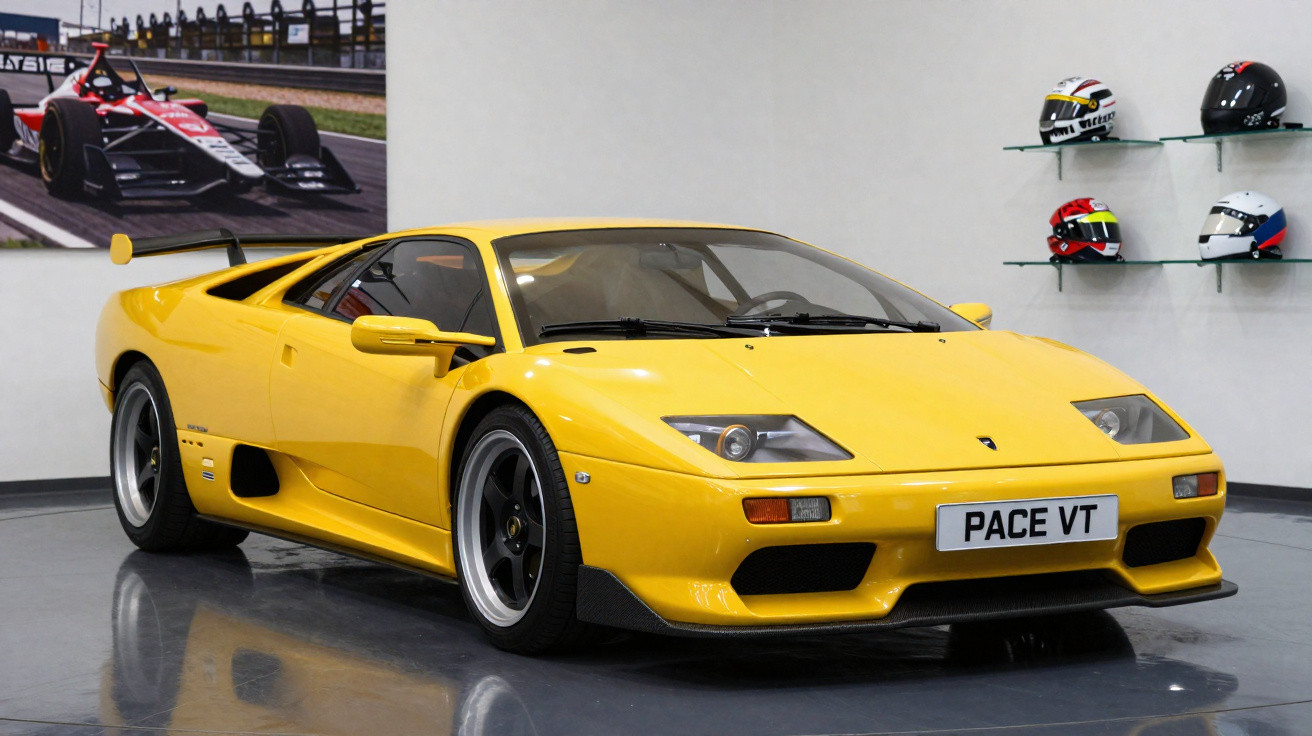 Carro esportivo amarelo Lamborghini Diablo estacionado em ambiente interno com capacetes e quadro de corrida ao fundo.
