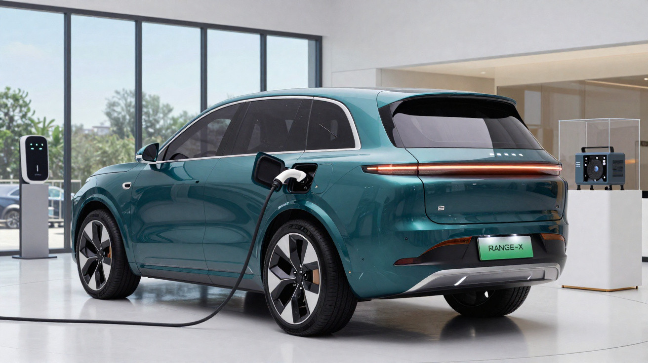 Carro elétrico verde em carregamento dentro de showroom moderno com janelas grandes.