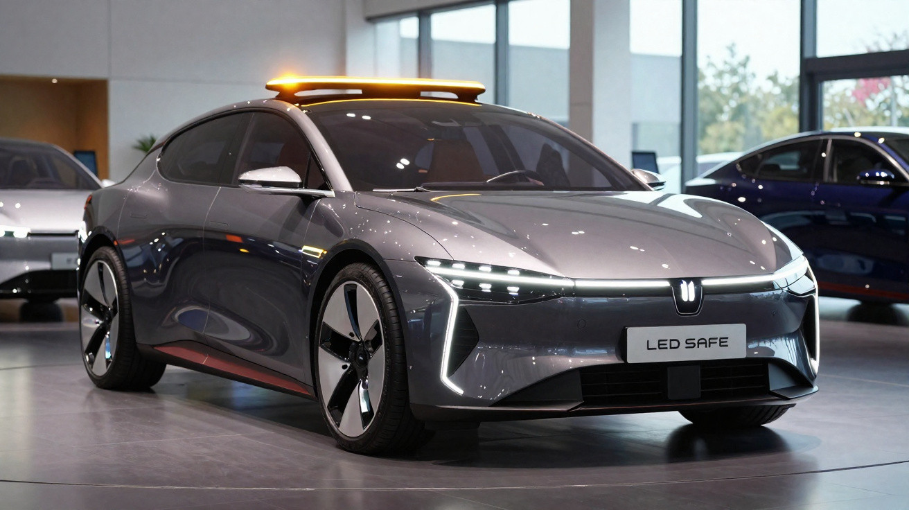 Carro elétrico cinza moderno com luzes de LED e barra luminosa amarela no teto, em showroom.