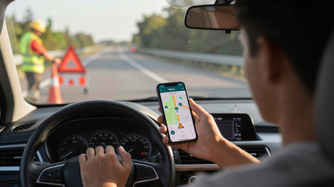 Motorista olhando alerta de obra no celular enquanto dirige em estrada com trabalhador e cone à frente.