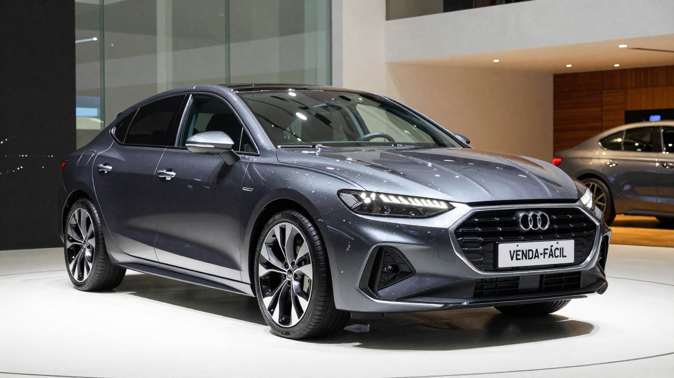 Carro sedan cinza escuro Audi em exposição automotiva com placa escrito venda-fácil.