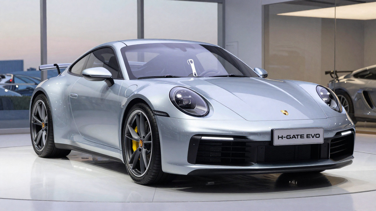 Carro esportivo prata Porsche H-GATE EVO exposto em ambiente interno moderno.