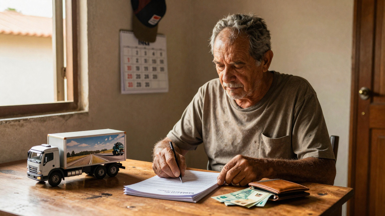 Homem idoso sentado à mesa escrevendo em documentos, com carteira, dinheiro e caminhão de brinquedo ao lado.