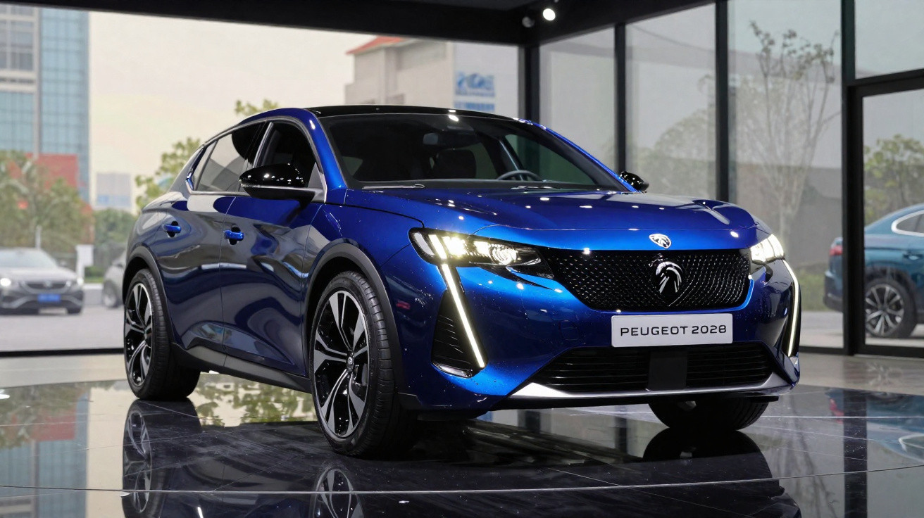 Carro azul Peugeot 2028 em exposição com design moderno e faróis acesos em ambiente interno.