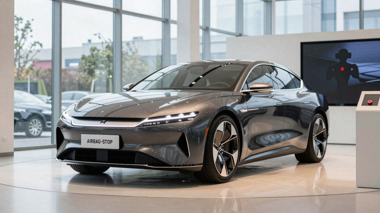 Carro elétrico cinza escuro futurista exibido em showroom moderno com janelas grandes e piso refletivo.